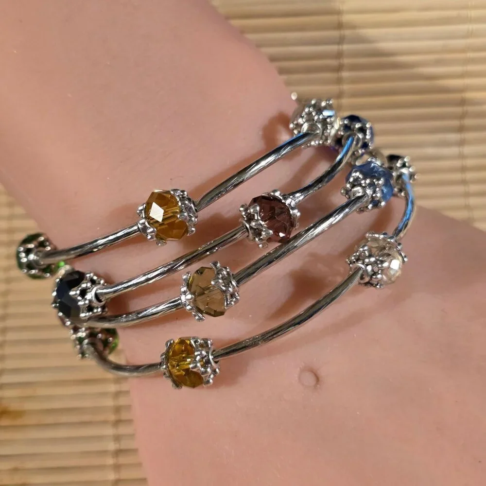 Silver Tone Crystal Wrap Bracelet With Multicolor Faceted Beads Filigree Details